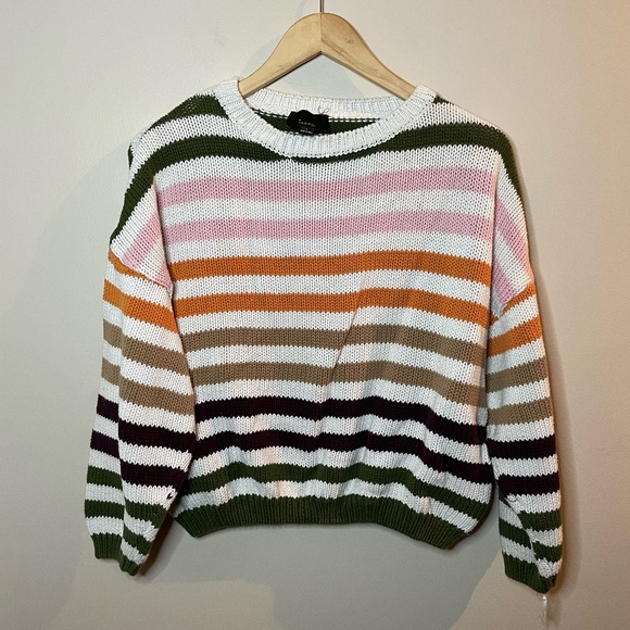 Lumiere Sweaters - Lumiere - Large - Colored Stripped Sweater - Crop - Green, Pink, Orange, Beige